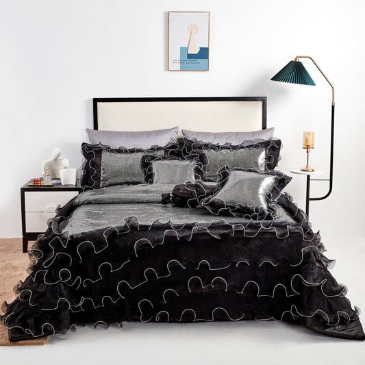 Tache Luxurious Glam Night Out Silver Sequin Black Organza Ruffle 6pc Comforter Set (1622) by Tache Home Fashion