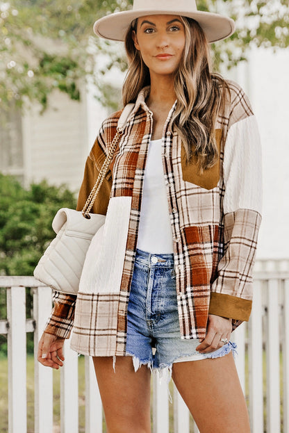 Sutton Plaid Color Block Patchwork Shirt Jacket with Pocket by Threaded Pear