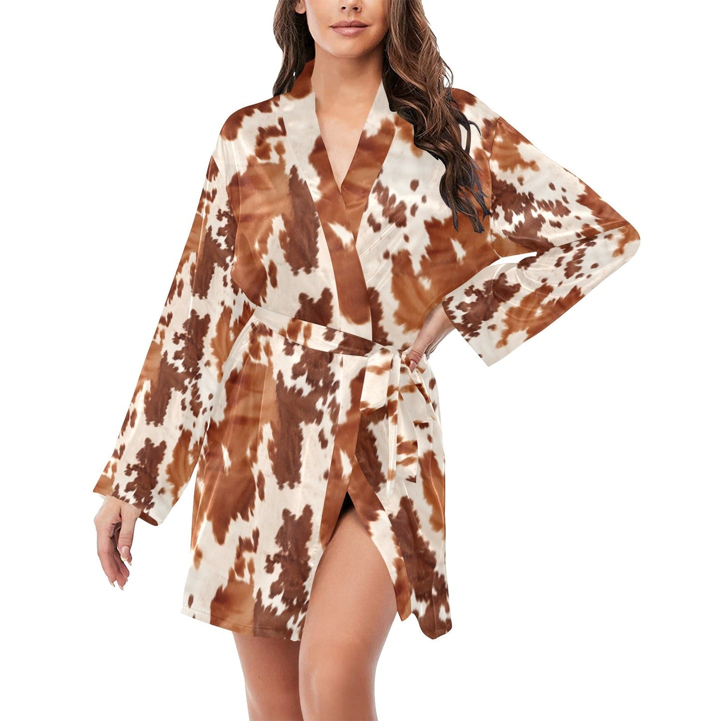 Light Brown Cow Print Women's Long Sleeve Belted Satin Feel Dressing Lounge Robe by Baha Ranch Western Wear