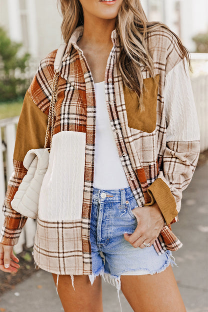 Sutton Plaid Color Block Patchwork Shirt Jacket with Pocket by Threaded Pear