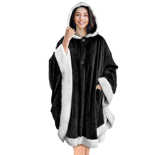 Hoodie Blanket Wrap Wearable Hoodie Snuggle Robe Sweatshirt Soft Lined Cuddle Poncho Cape w/ Hat 2 Pockets Buttons - Black by VYSN