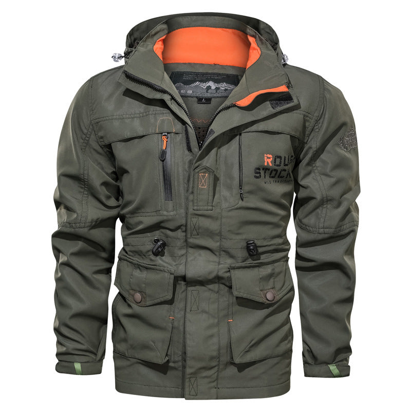 Cross-border men's mid-length casual outdoor hooded jacket