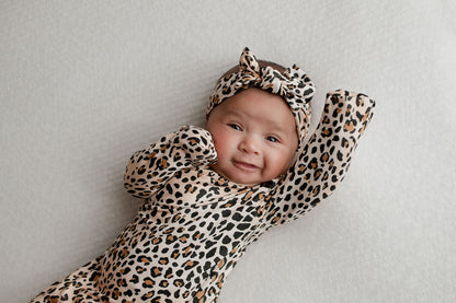 Leopard Knotted Newborn Baby Gown by Three Little Tots