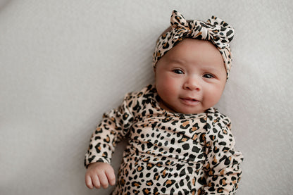 Leopard Knotted Newborn Baby Gown by Three Little Tots