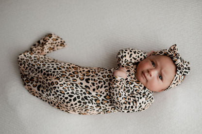 Leopard Knotted Newborn Baby Gown by Three Little Tots