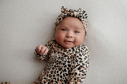 Leopard Knotted Newborn Baby Gown by Three Little Tots