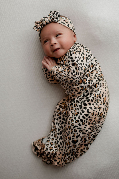 Leopard Knotted Newborn Baby Gown by Three Little Tots