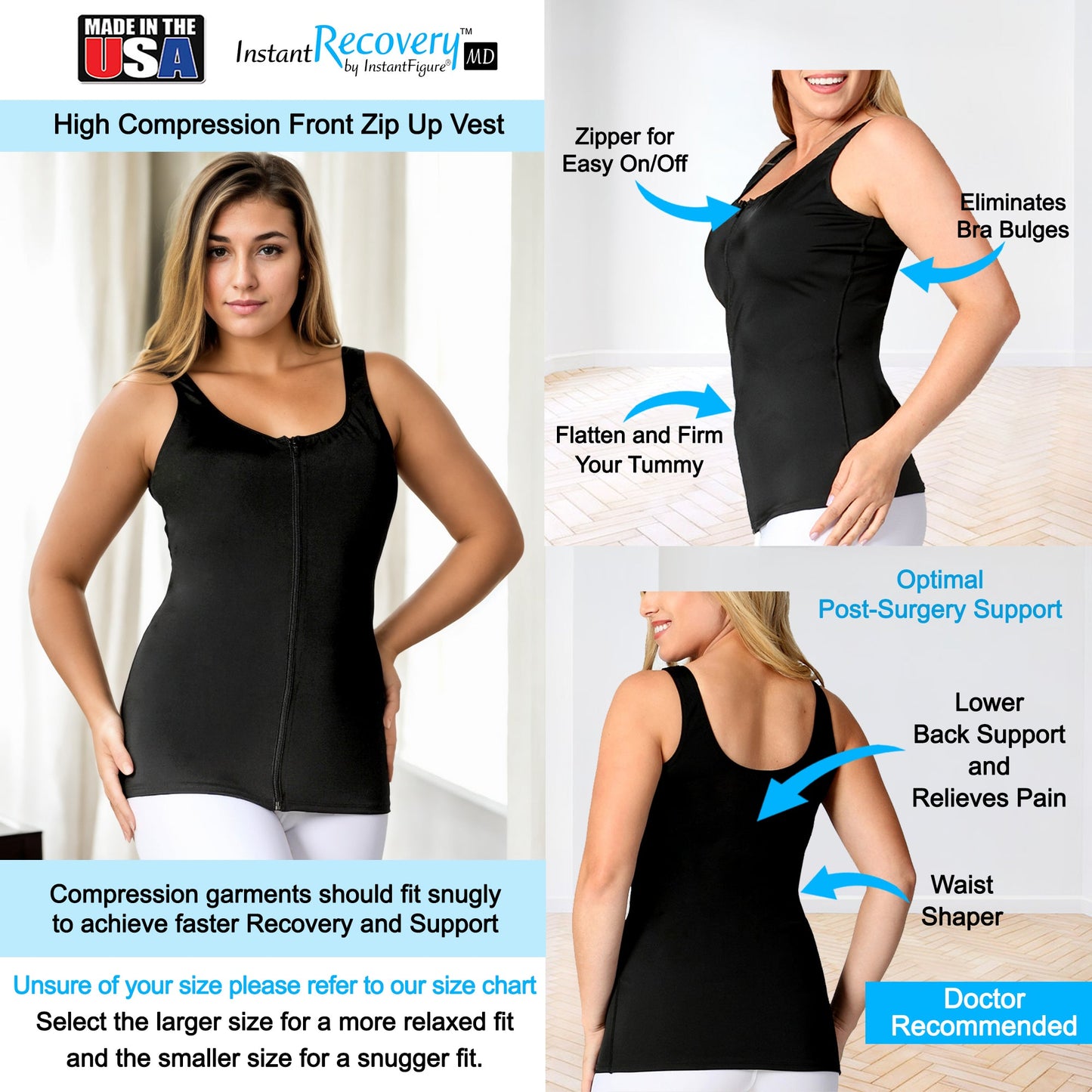 InstantRecovery High Compression Front Zip Up Vest MD209 by InstantFigure - InstaSlim - InstantRecoveryMD