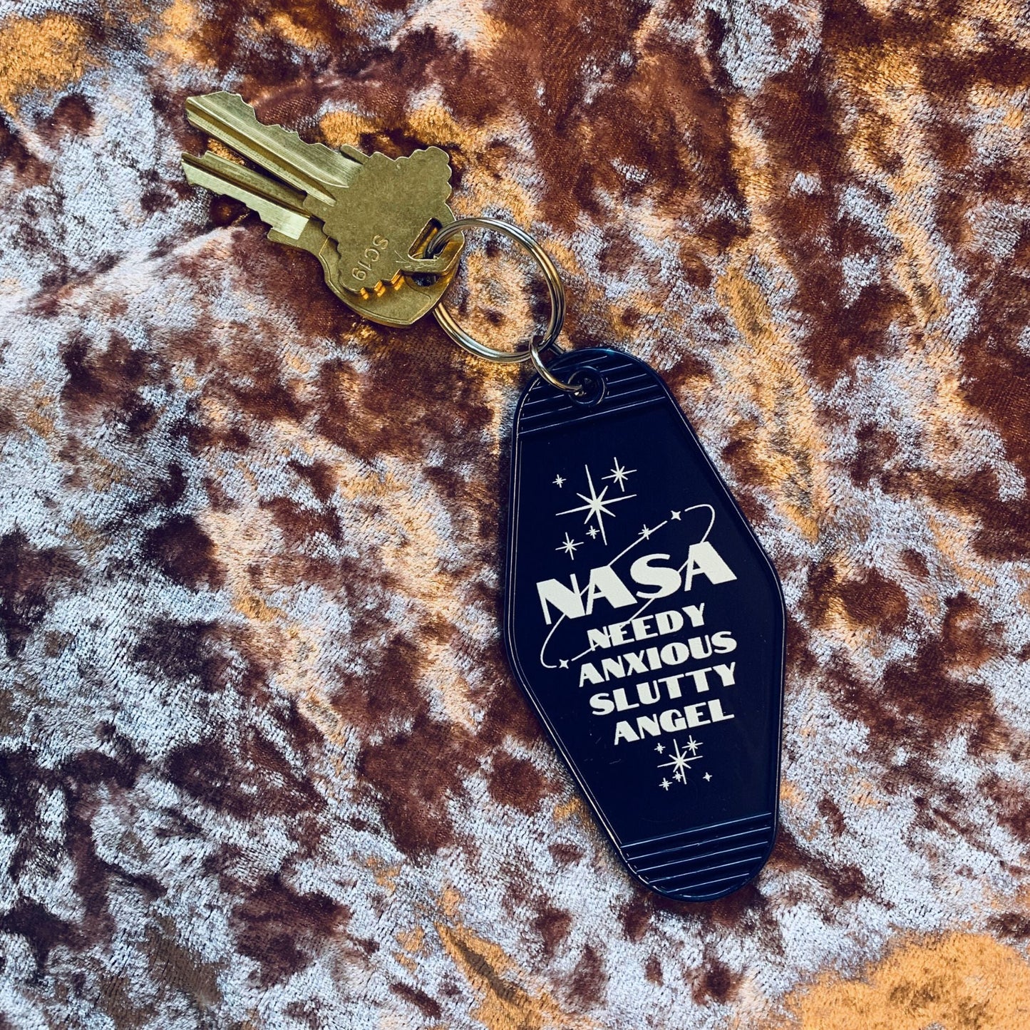 Needy Anxious Slutty Angel Space Explorer Motel Style Keychain in Dark Blue by The Bullish Store