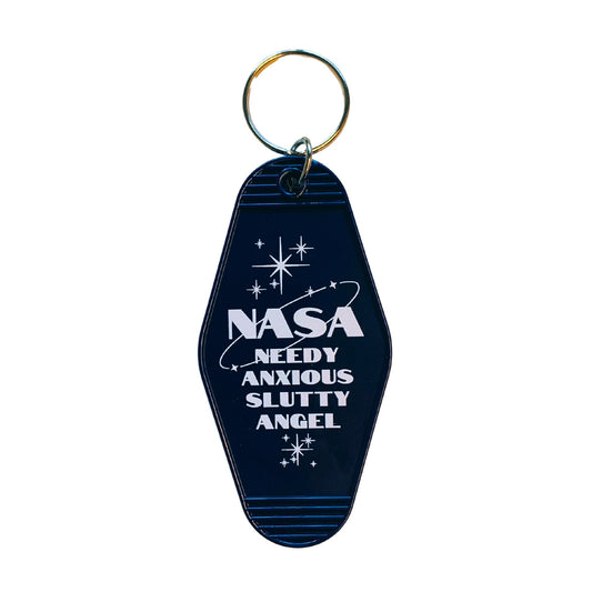 Needy Anxious Slutty Angel Space Explorer Motel Style Keychain in Dark Blue by The Bullish Store