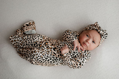 Leopard Knotted Newborn Baby Gown by Three Little Tots