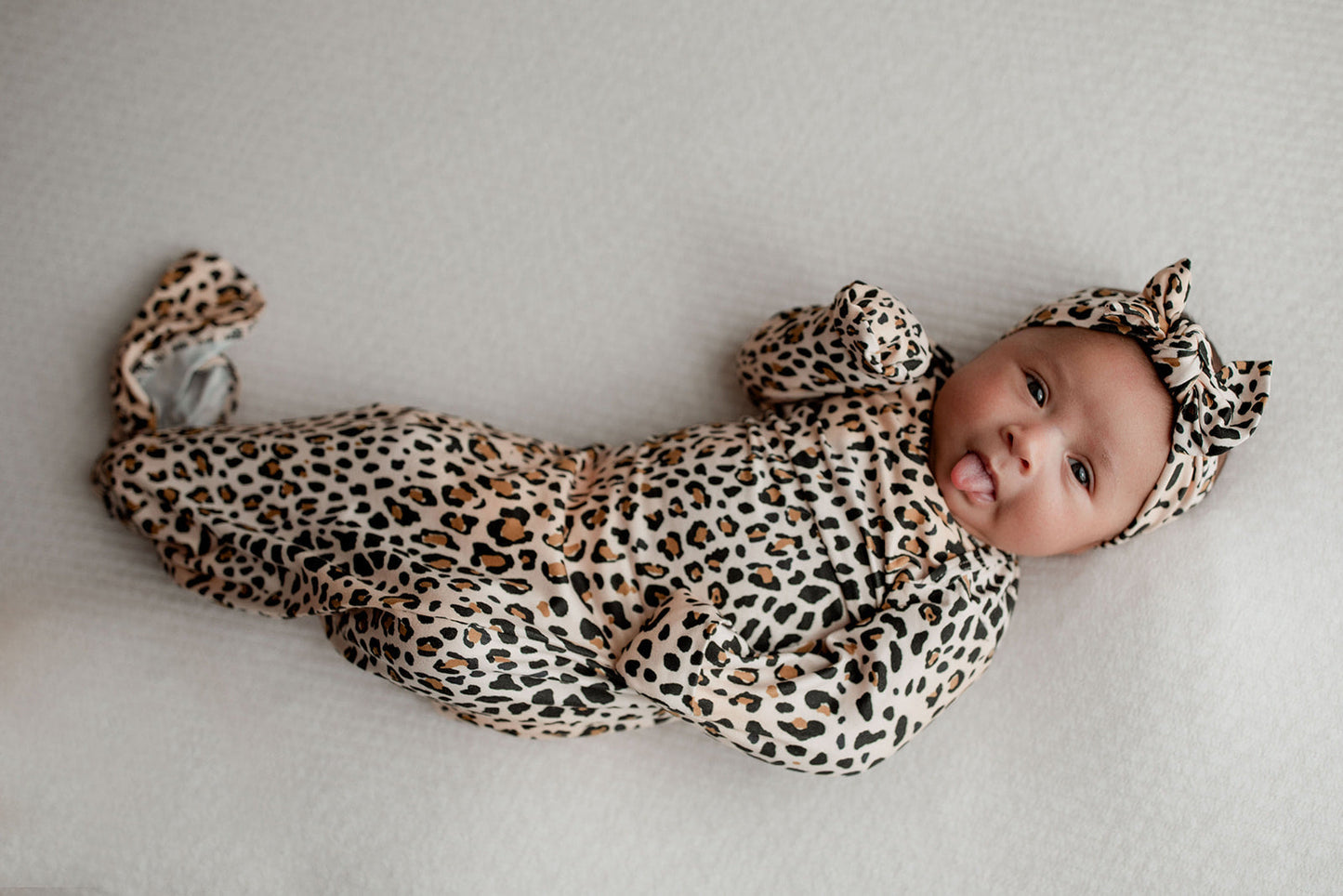 Leopard Knotted Newborn Baby Gown by Three Little Tots