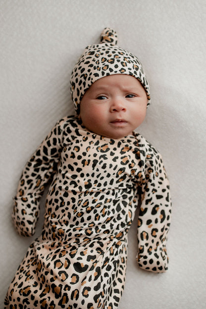 Leopard Knotted Newborn Baby Gown by Three Little Tots