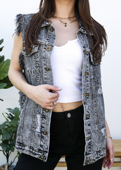 Oversize Distressed Sleeveless Denim Vest by Anna-Kaci