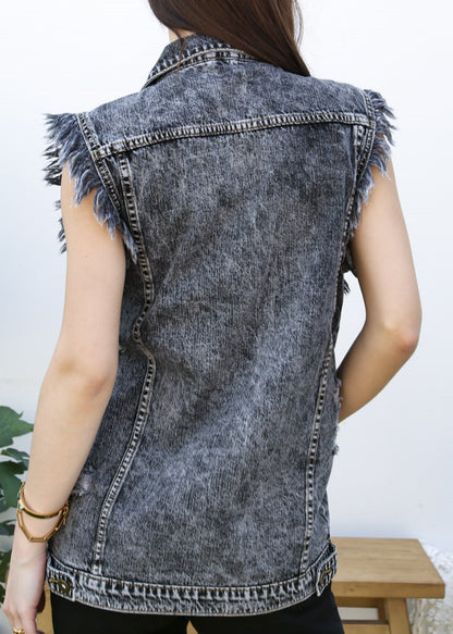 Oversize Distressed Sleeveless Denim Vest by Anna-Kaci