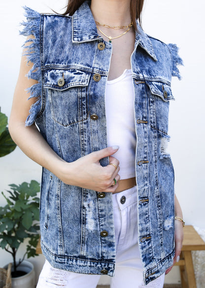 Oversize Distressed Sleeveless Denim Vest by Anna-Kaci