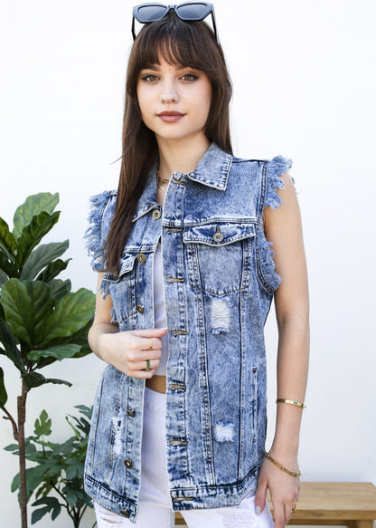 Oversize Distressed Sleeveless Denim Vest by Anna-Kaci