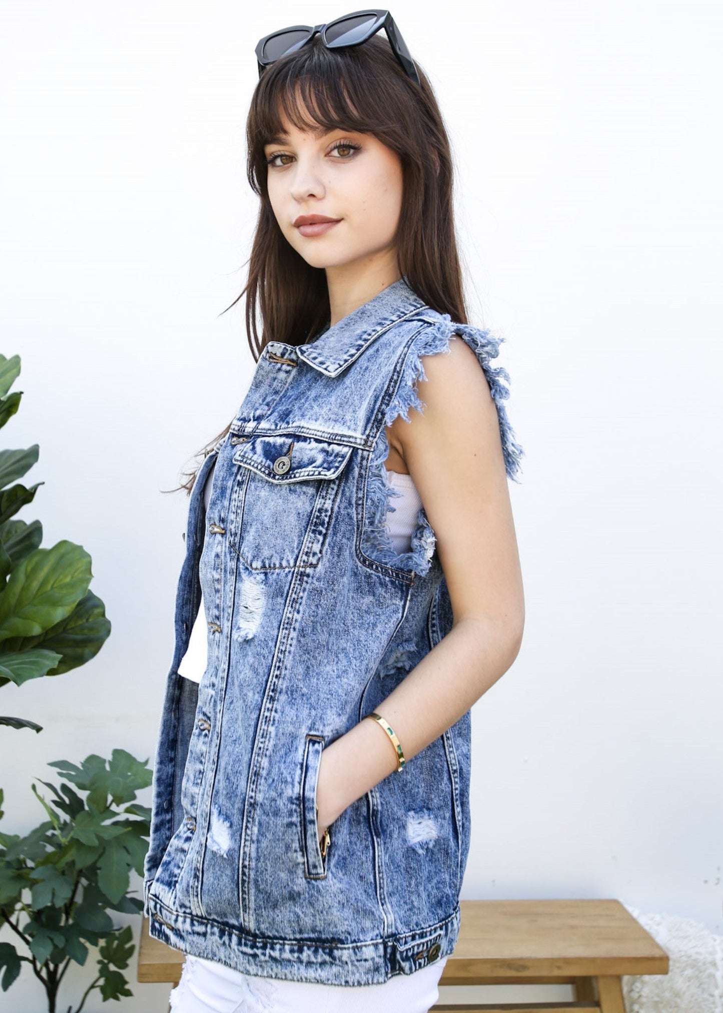 Oversize Distressed Sleeveless Denim Vest by Anna-Kaci