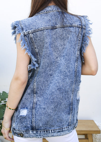 Oversize Distressed Sleeveless Denim Vest by Anna-Kaci