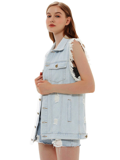 Oversize Distressed Sleeveless Denim Vest by Anna-Kaci