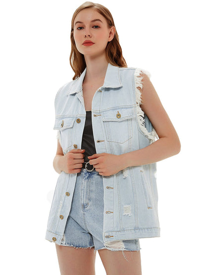 Oversize Distressed Sleeveless Denim Vest by Anna-Kaci