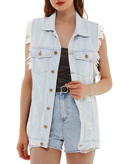 Oversize Distressed Sleeveless Denim Vest by Anna-Kaci