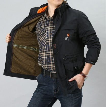 Cross-border men's mid-length casual outdoor hooded jacket