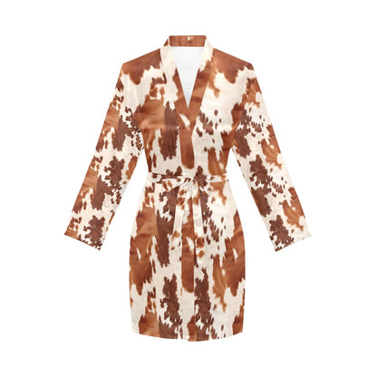 Light Brown Cow Print Women's Long Sleeve Belted Satin Feel Dressing Lounge Robe by Baha Ranch Western Wear