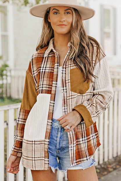 Sutton Plaid Color Block Patchwork Shirt Jacket with Pocket by Threaded Pear