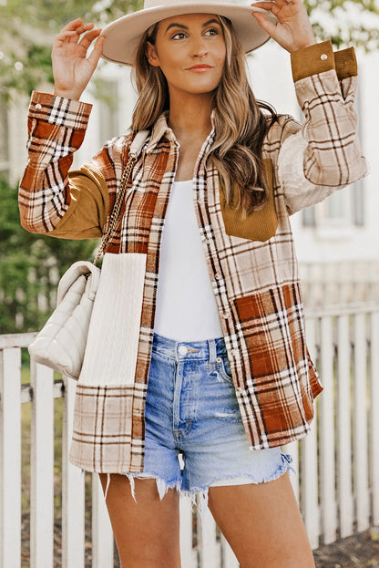 Sutton Plaid Color Block Patchwork Shirt Jacket with Pocket by Threaded Pear