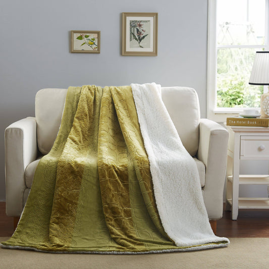 Tache Solid Embossed Green Olive Sherpa Throw Blanket by DaDa Bedding Collection