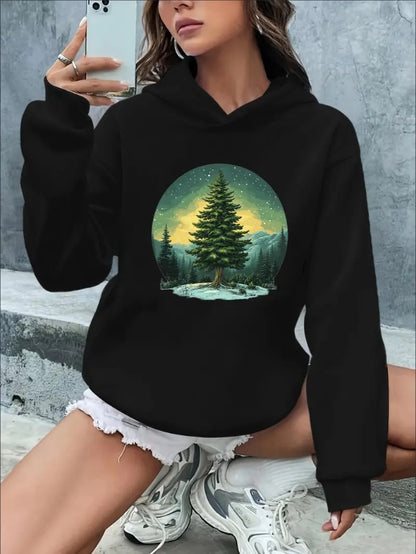 Casual  Hoodie With Christmas Tree Graphic Print,, Fall Winter Rib-Knit Hooded Sweatshirt, With Drawstring, For Women