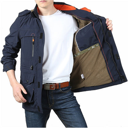 Cross-border men's mid-length casual outdoor hooded jacket