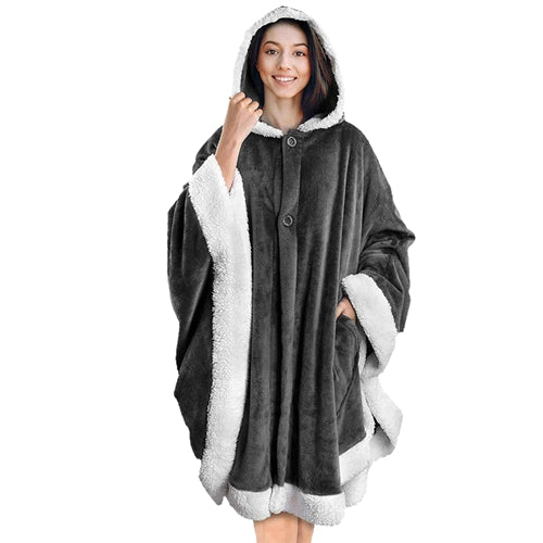 Hoodie Blanket Wrap Wearable Hoodie Snuggle Robe Sweatshirt Soft Lined Cuddle Poncho Cape w/ Hat 2 Pockets Buttons - Gray by VYSN