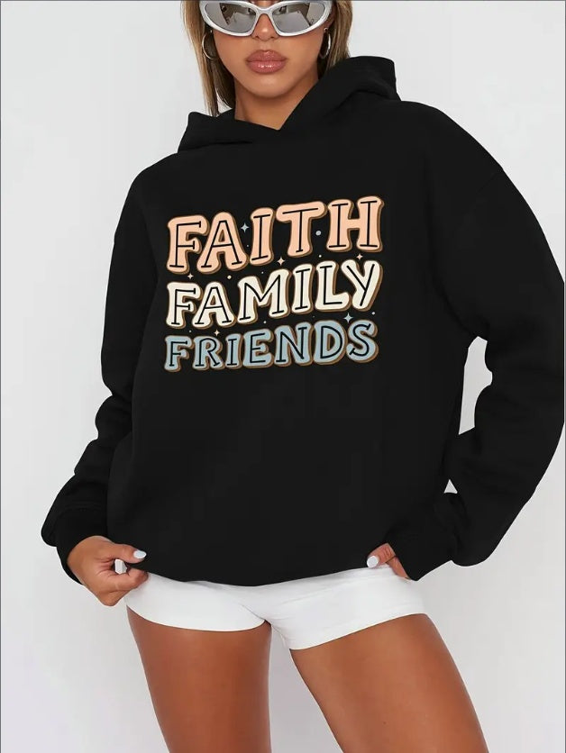 Women's Casual  Hoodie With Slogan Print - Faith Family Friends Graphic Pullover - Fall Winter Rib-Knit Hooded Sweatshirt