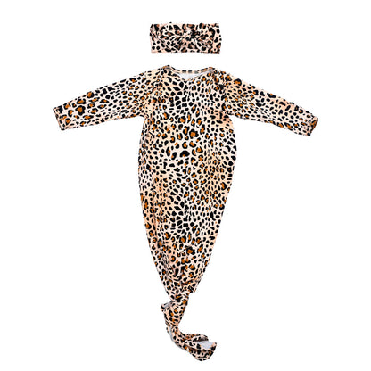 Leopard Knotted Newborn Baby Gown by Three Little Tots