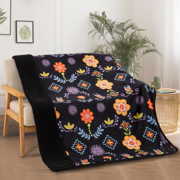 Native Floral Sherpa Throw Blanket by Linen Mart