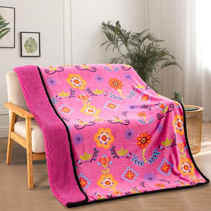 Native Floral Sherpa Throw Blanket by Linen Mart