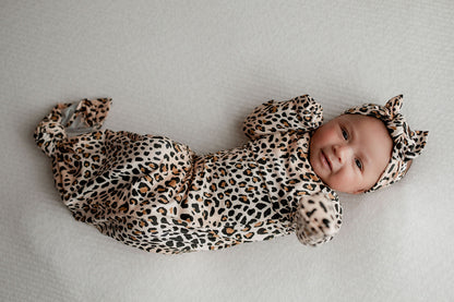 Leopard Knotted Newborn Baby Gown by Three Little Tots