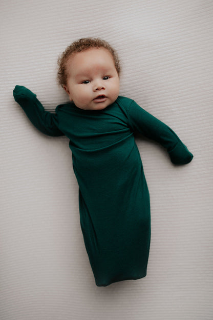 Forest Green Knotted Newborn Baby Gown by Three Little Tots