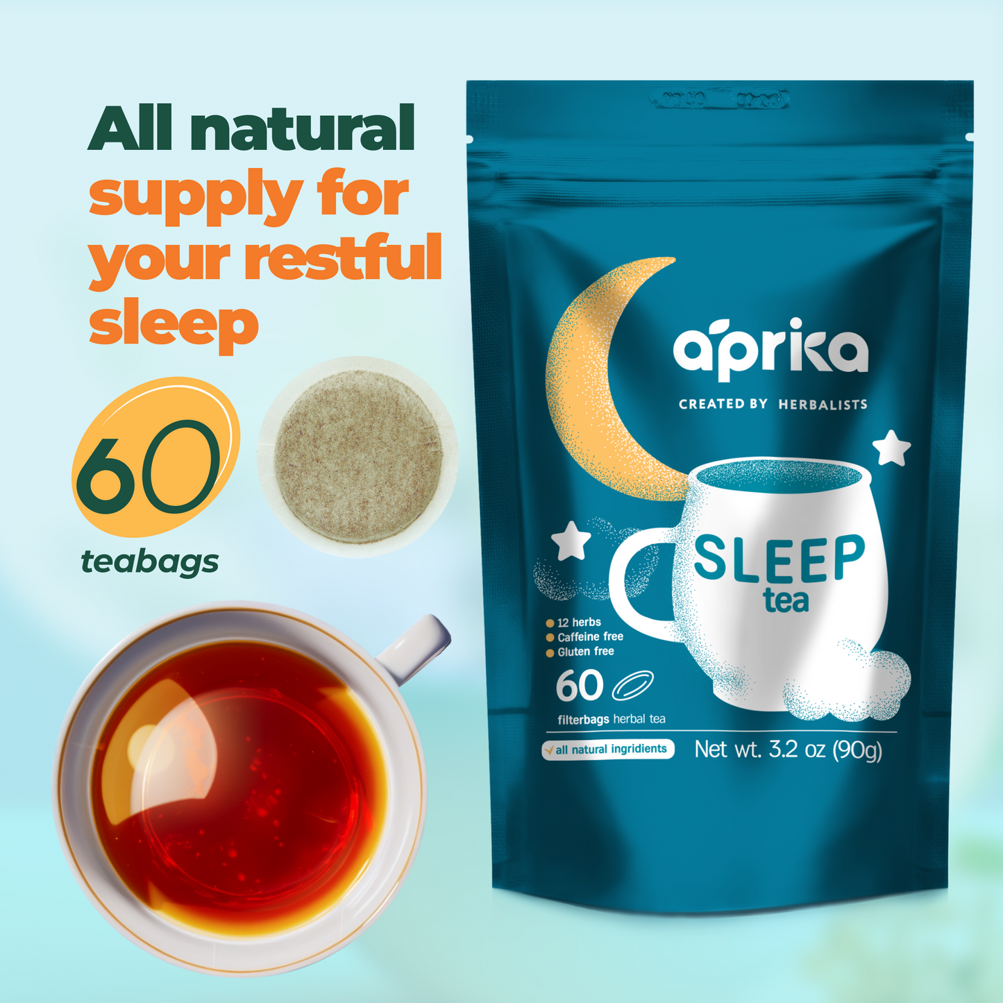 Herbal Sleep Tea with Sleep Guide, 60 bags by Aprika Life