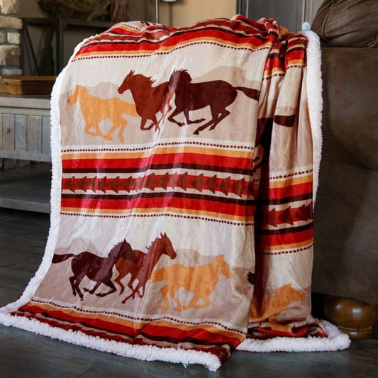 Southwest Running Horse Sherpa Throw Blanket by Linen Mart