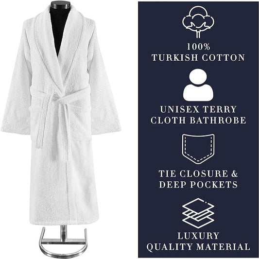 White Terry Cloth Turkish Cotton Shawl Collar Hotel Bathrobe - Unisex Italian Style Fitting - Single Robe by Classic Turkish Towels