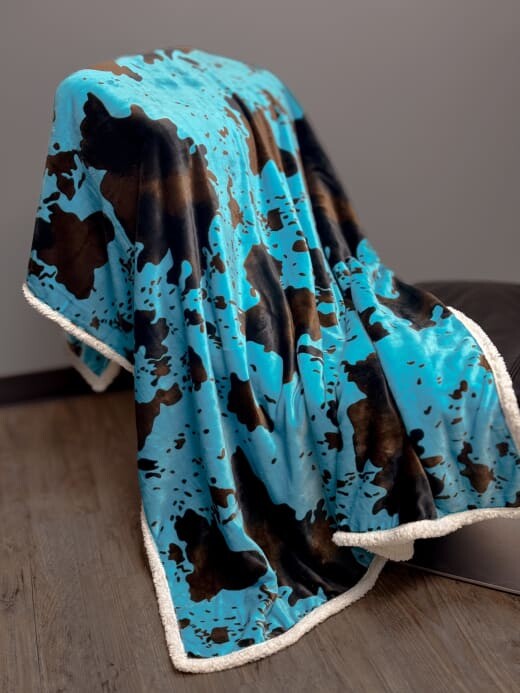 Turquoise Cowhide Sherpa Throw Blanket by Linen Mart